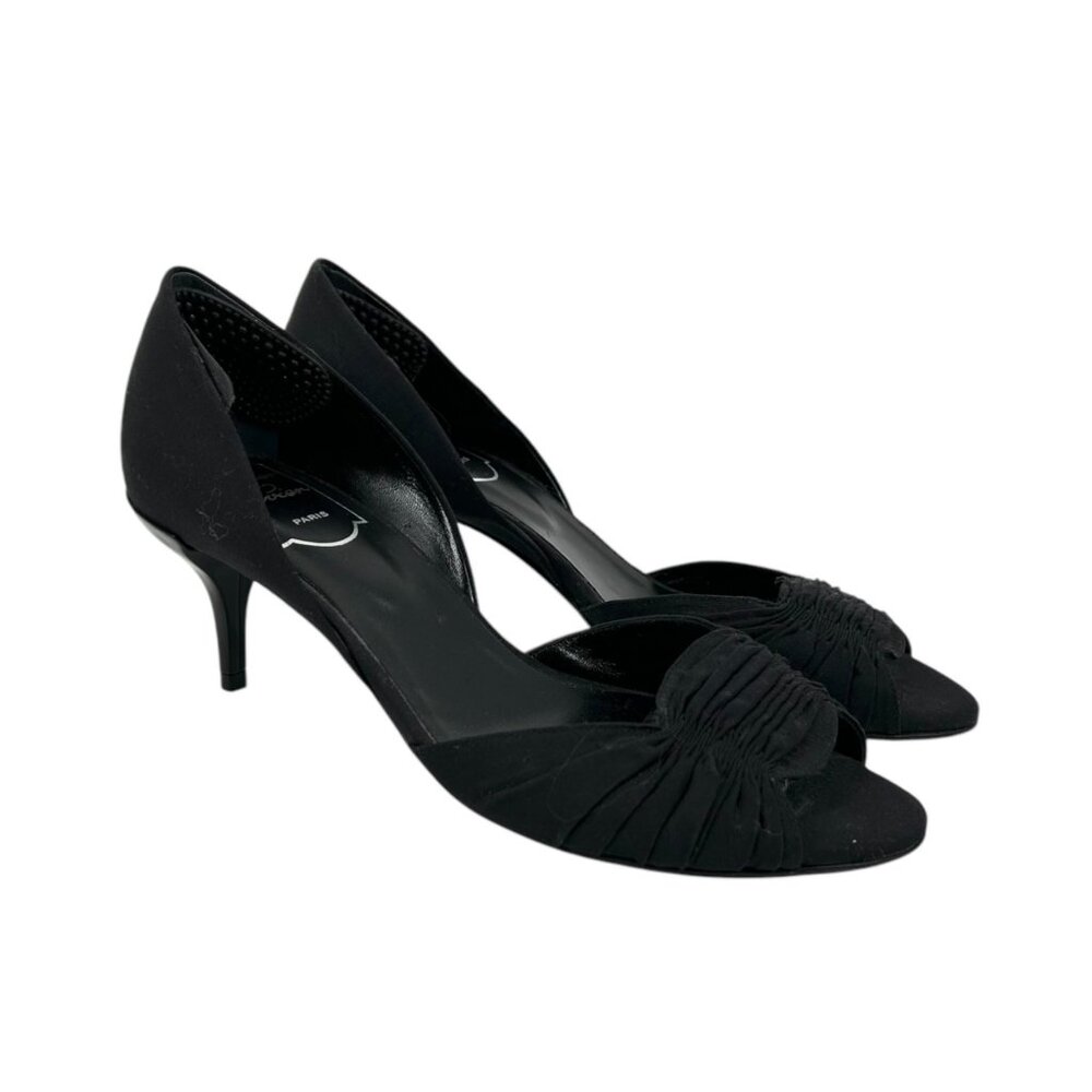 Roger Vivier Black Gathered Fabric Open Toe Low Heels